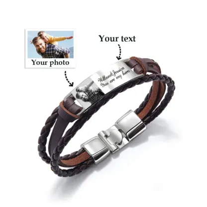 Braccialetto in pelle intrecciata personalizzato con 1 testo e 1 foto Braccialetto maschile