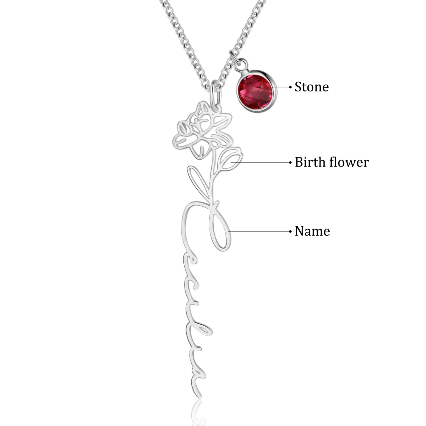 Collana 925 Argento Fiore elegante con 1 pietra di nascita e 1 nome e 1 fiore di nascita personalizzabili per donna