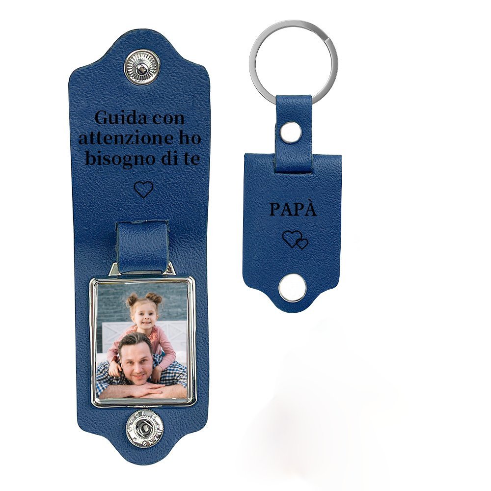 Guida con attenzione-Portachiavi Pelle 1 foto e 1 testo personalizzabili per Papà