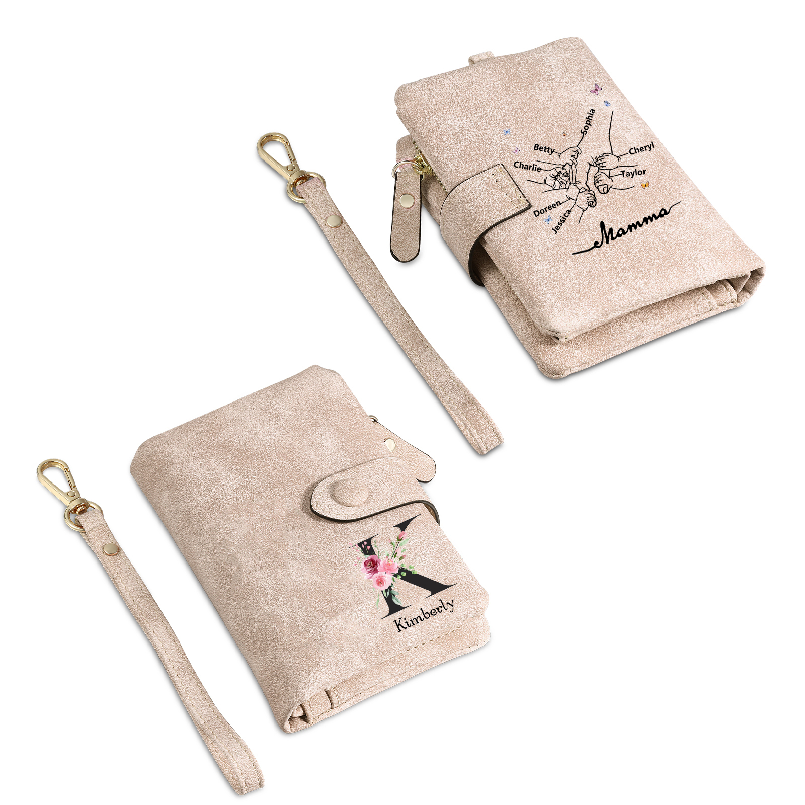 Portafoglio mano nella mano in PU pelle con 8 nomi & 1 testo & 1 lettera personalizzati per mamma