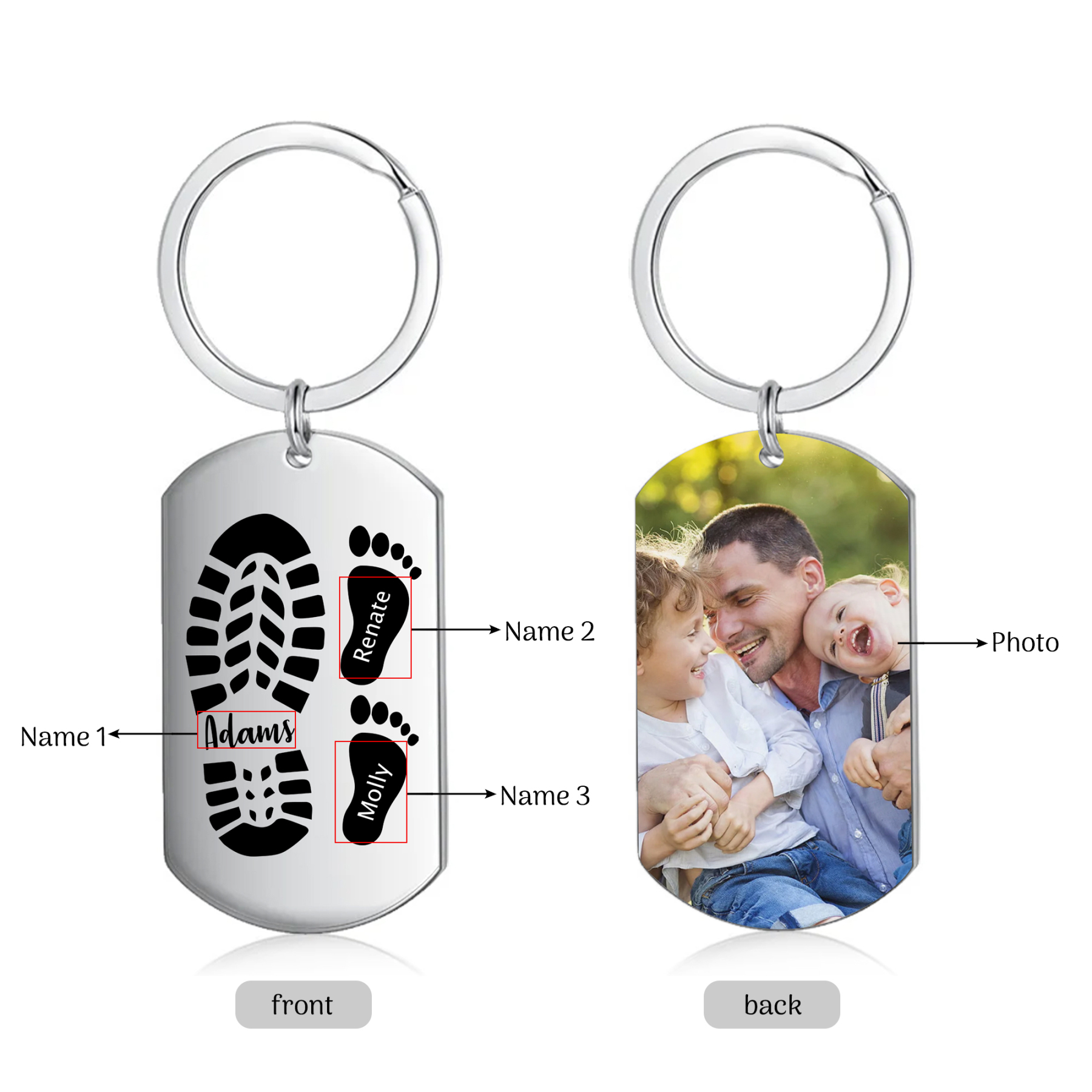 Papà/Nonno-Portachiavi con piedino 3 nomi e 1 foto personalizzati regalo per papà/nonno