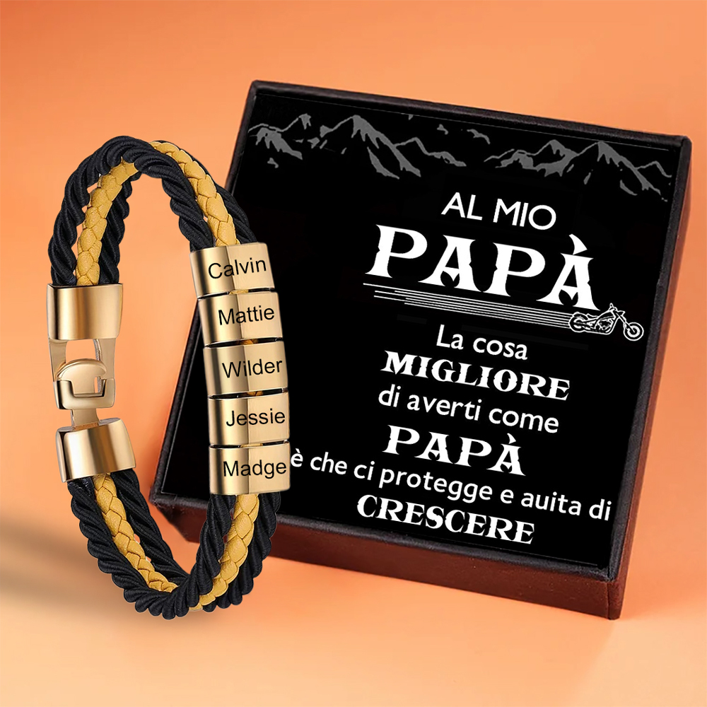 Bracciale Uomo Personalizzato in Pelle – Incisione 5 Nomi – Regalo Elegante per Papà o Lui | Jessemade