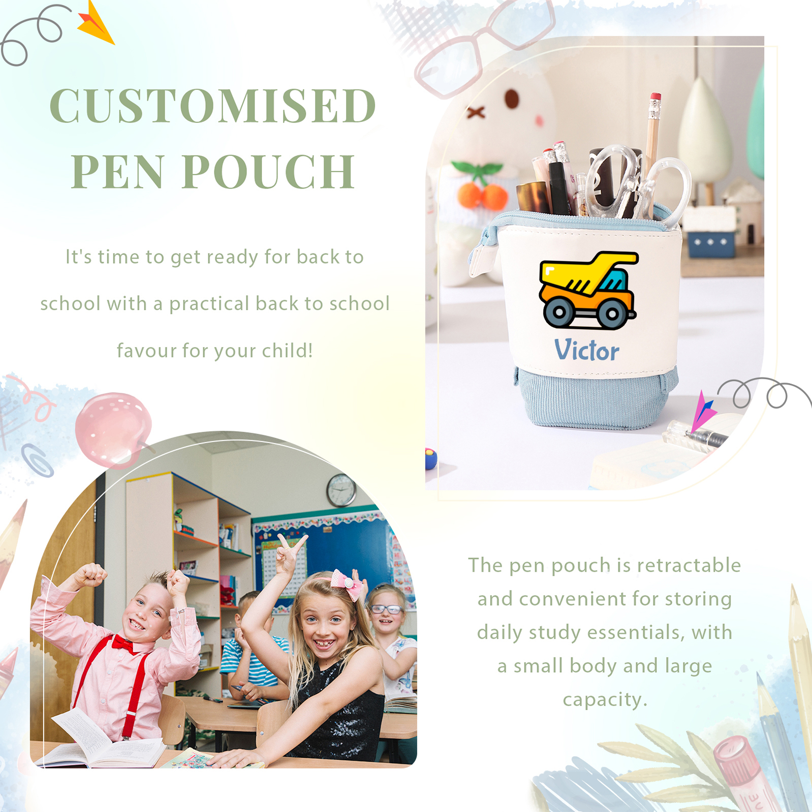 Astuccio per matite personalizzato con 1 nome e 1 veicolo da costruzione regalo per scuola elementare bambini