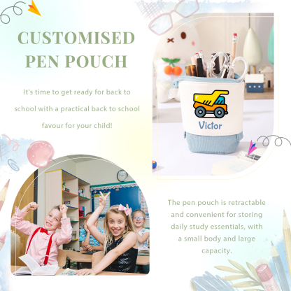 Astuccio per matite personalizzato con 1 nome e 1 veicolo da costruzione regalo per scuola elementare bambini