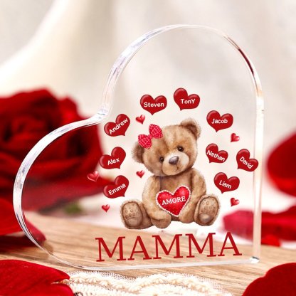 MAMMA Decorazione acrilica con orsacchiotto a forma di cuore 9 nomi e 2 testi personalizzati per mamma/nonna