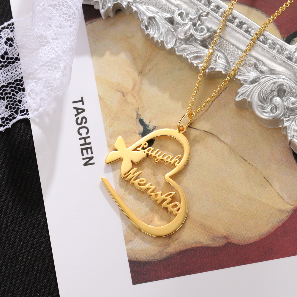 Argento s925 Collana con 2  nomi personalizzatIi e 2 nomi Farfalla