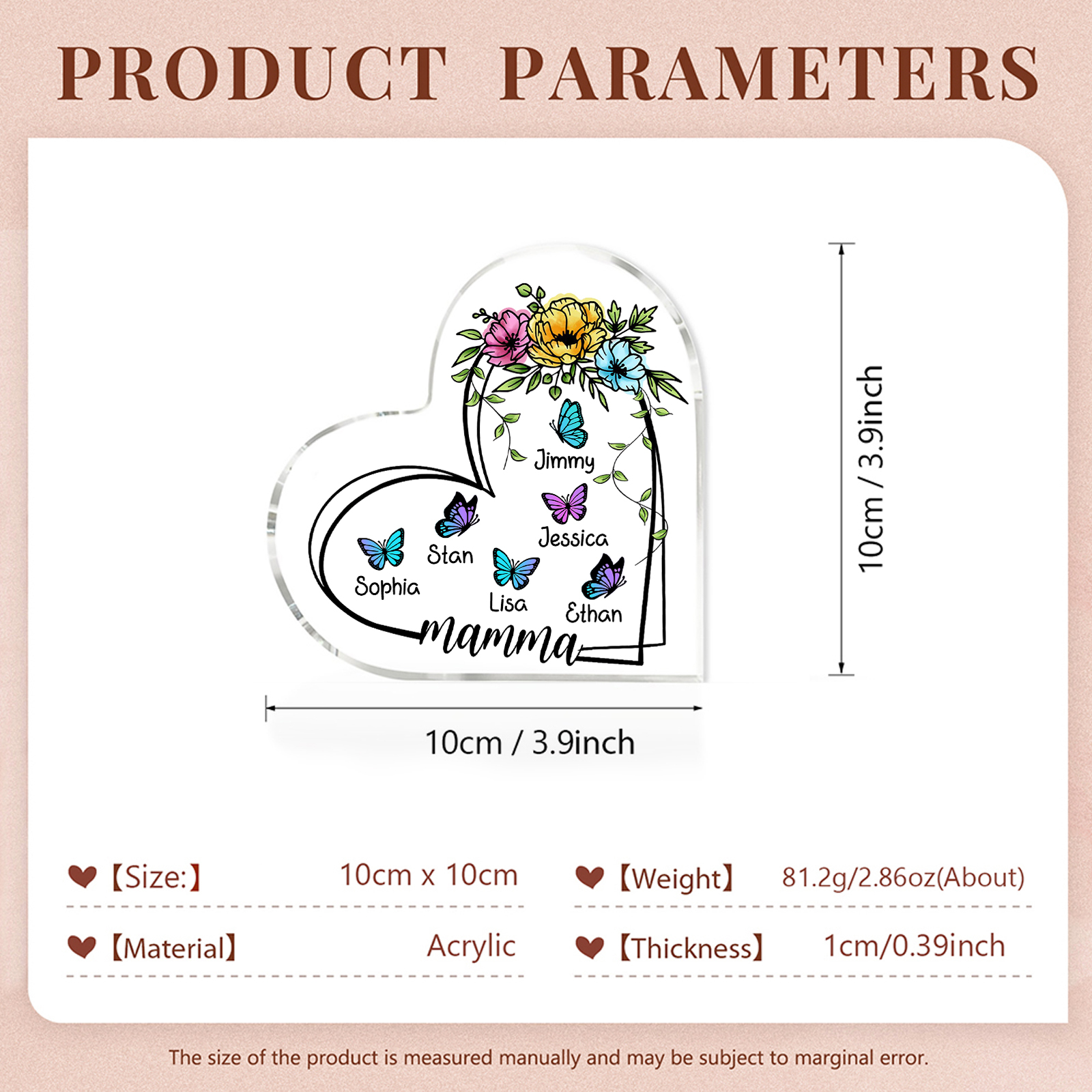 Decorazione Acrilica a Forma di Cuore Personalizzata con Farfalla – 6 Nomi e Testo per Nonna o Mamma | Jessemade