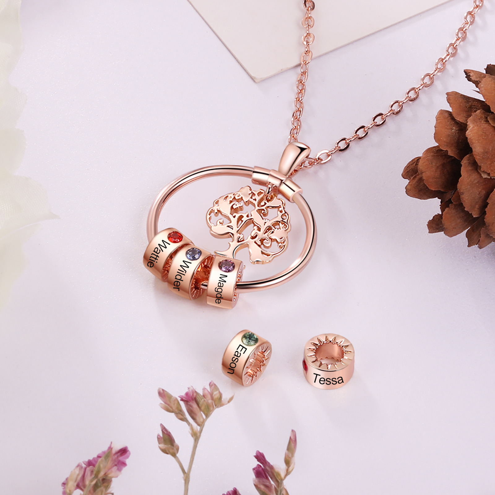 Collana con albero della vita ciondolo 3 nomi e 3 pietre di nascita personalizzati per donna/mamma/nonna