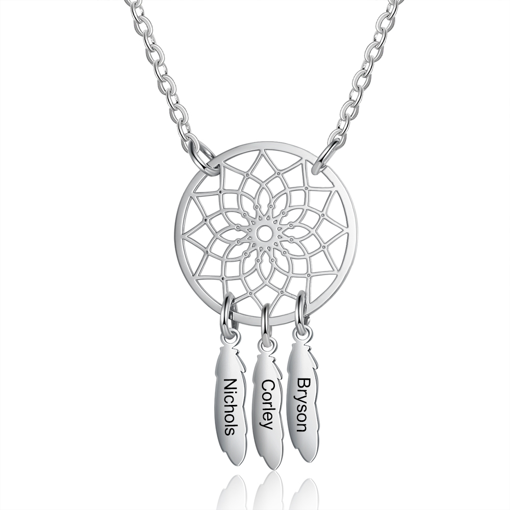 Genealogia Dreamcatcher collana con 3 nomi personalizzati e 3 pietre di nascita