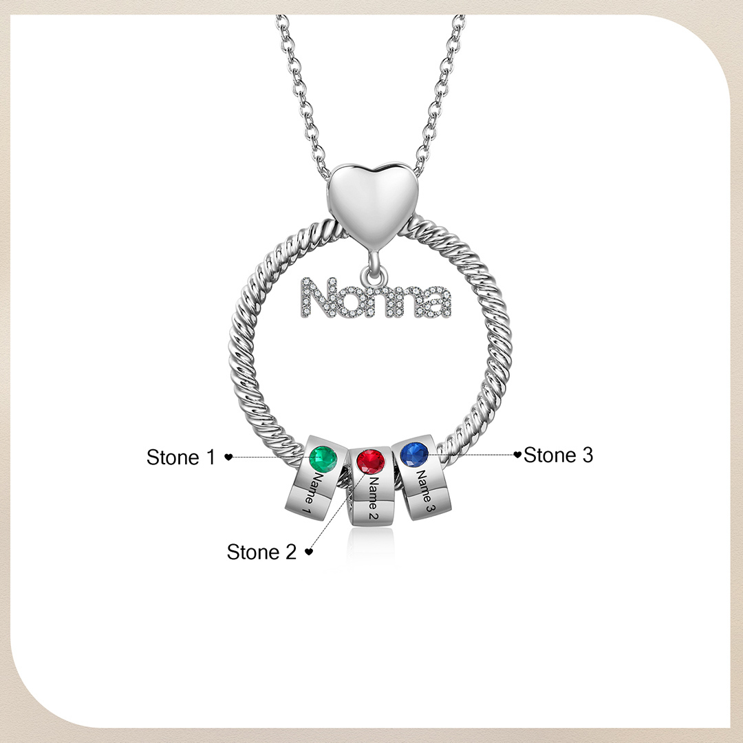 Collana con ciondolo nonna 3 nomi incisioni e pietre di nascita personalizzate