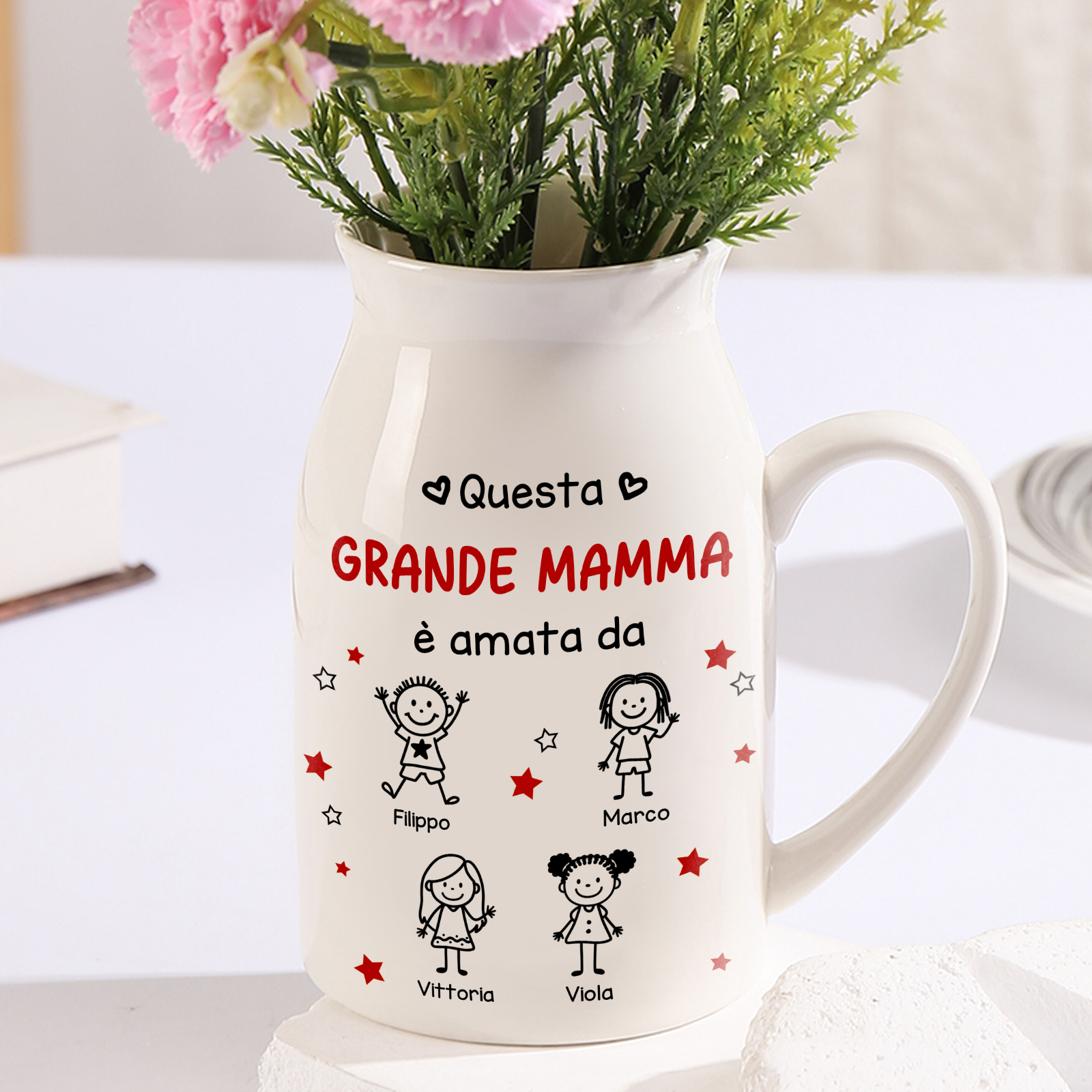 Vaso in ceramica personalizzato per nonna o mamma, con da 1 a 10 nomi e statuine di bambini personalizzate