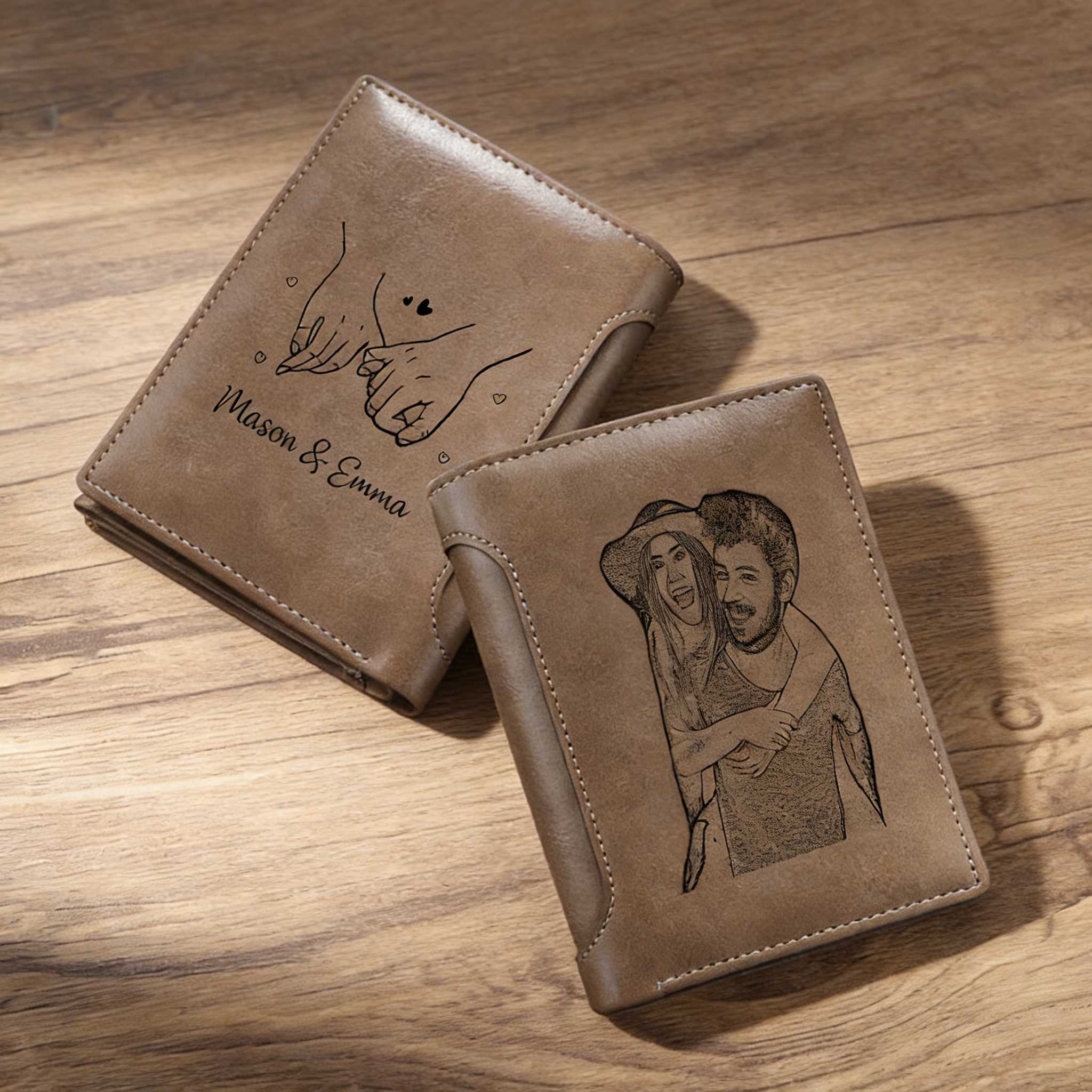 Portafoglio da uomo personalizzato in pelle con foto, portafoglio pieghevole a tre ante con giuramento del mignolo di coppia