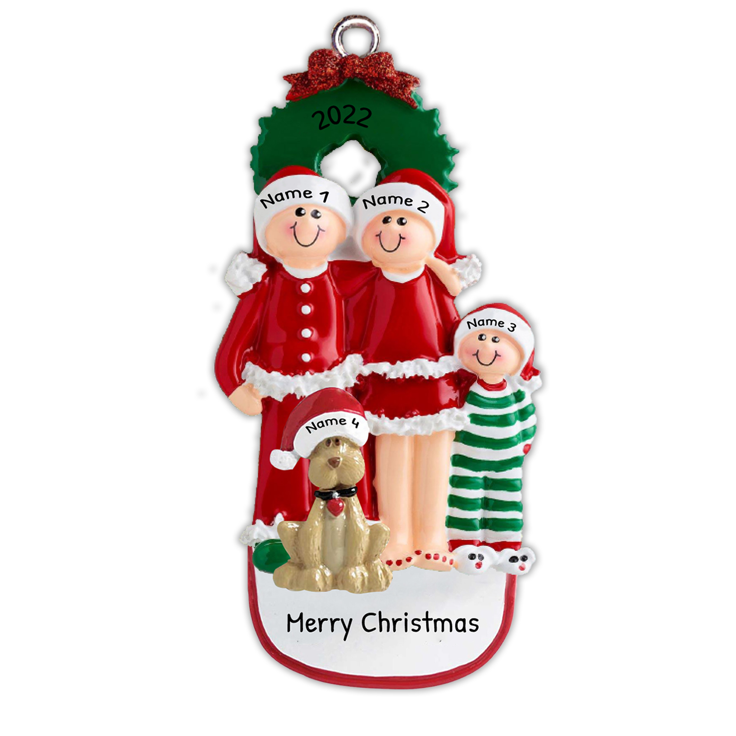 Famiglia in vestito natalizio con cane carino 4 nomi personalizzabili