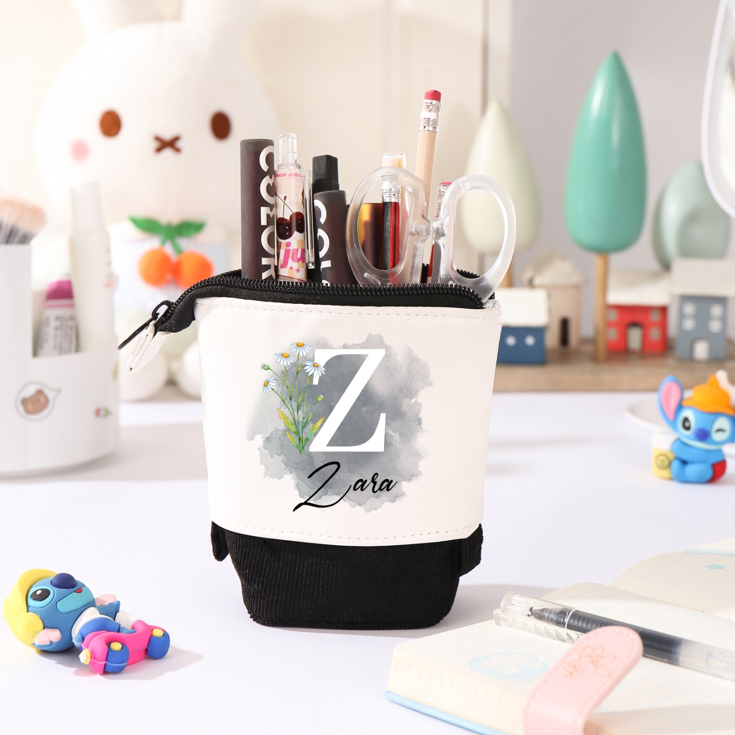 Astuccio per matite personalizzato con 1 nome e 1 lettera e 1 fiore di nascita regalo per scuola elementare bambini