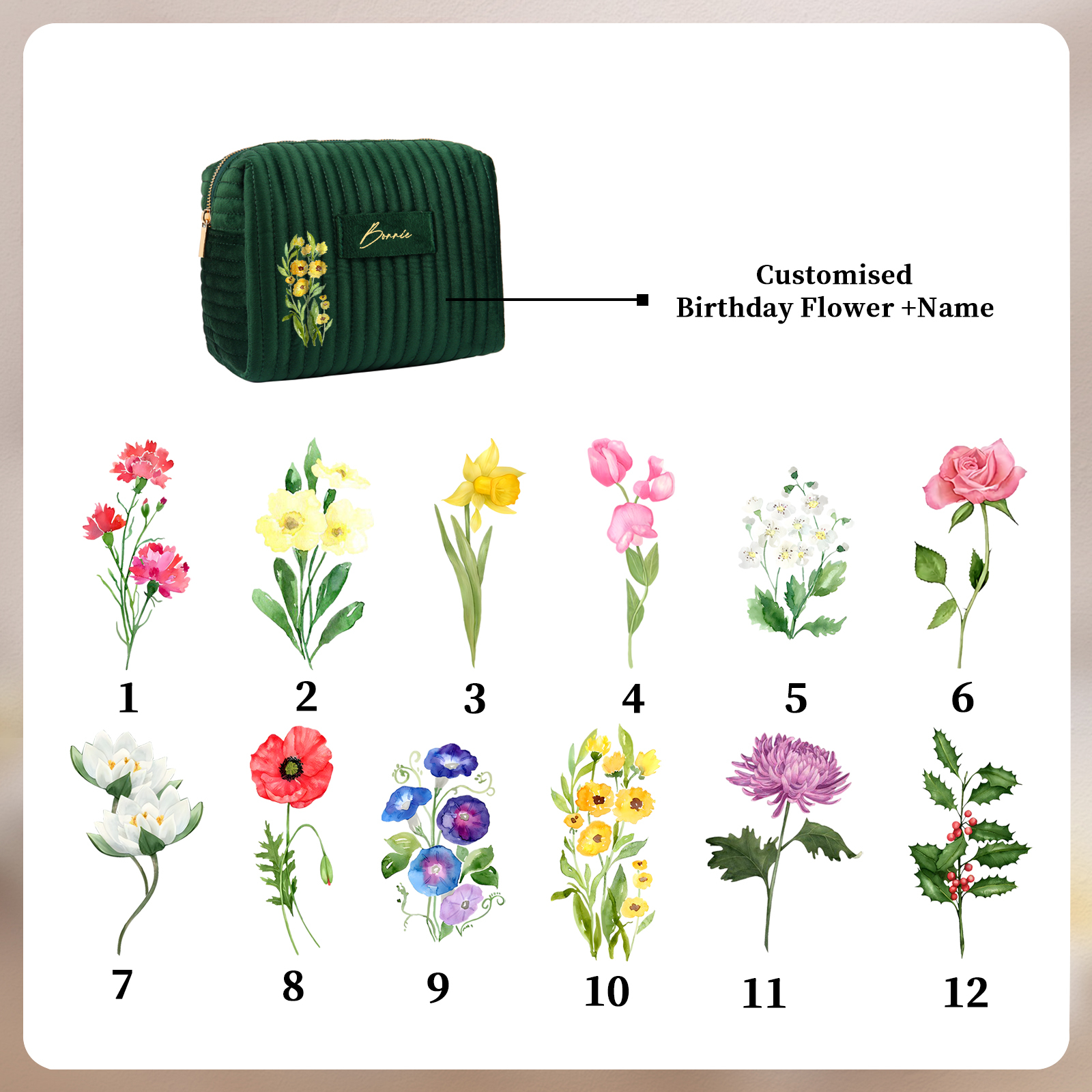 Borsa portabile per cosmetici in velluto per donna 1 nome e 1 fiore di nascita personalizzato multicolori da scegliere