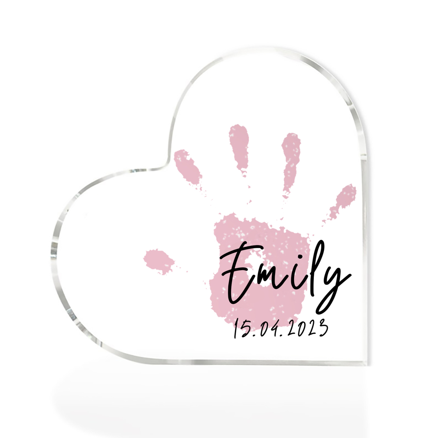 Decorazione acrilica impronta di mano a forma di cuore 1 nome e 1 data personalizzati