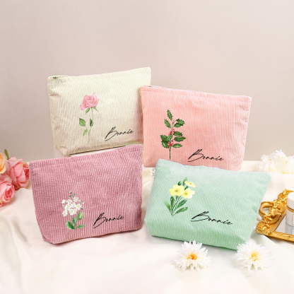 Borsa portabile per cosmetici in velluto a coste per donna 1 nome e 1 fiore di nascita personalizzato multicolori da scegliere