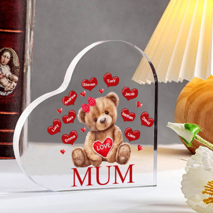 MAMMA Decorazione acrilica con orsacchiotto a forma di cuore 10 nomi e 2 testi personalizzati per mamma/nonna