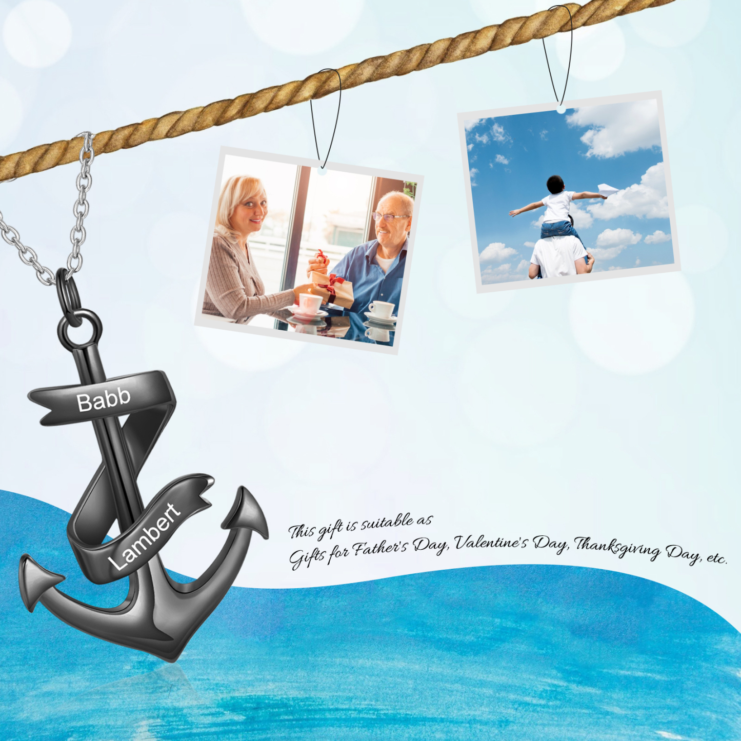 A MIO FIGLIO - Collana ancora nautica Ciondolo ancora pirata con 2 nomi personalizzati | Jessemade