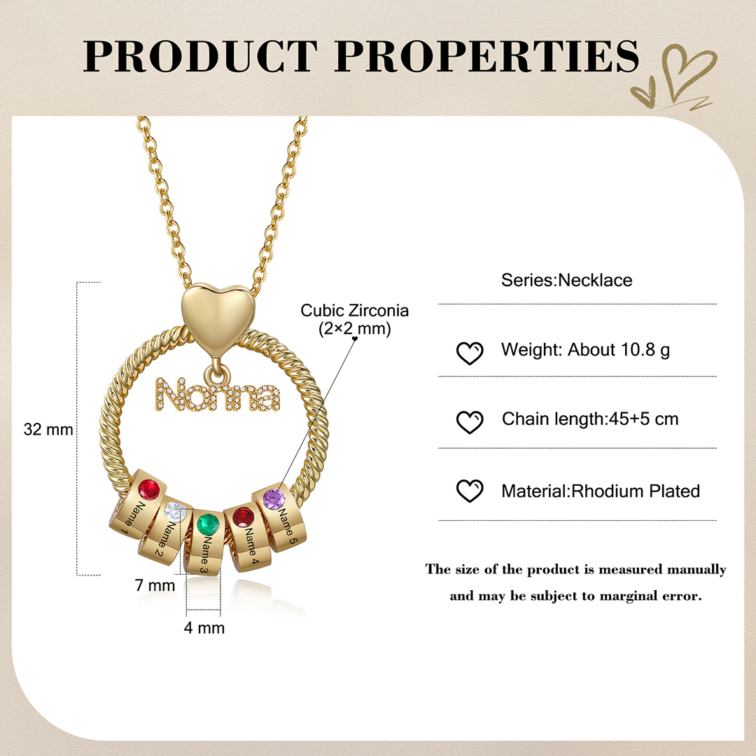 Collana con ciondolo nonna 5 nomi incisioni e pietre di nascita personalizzate