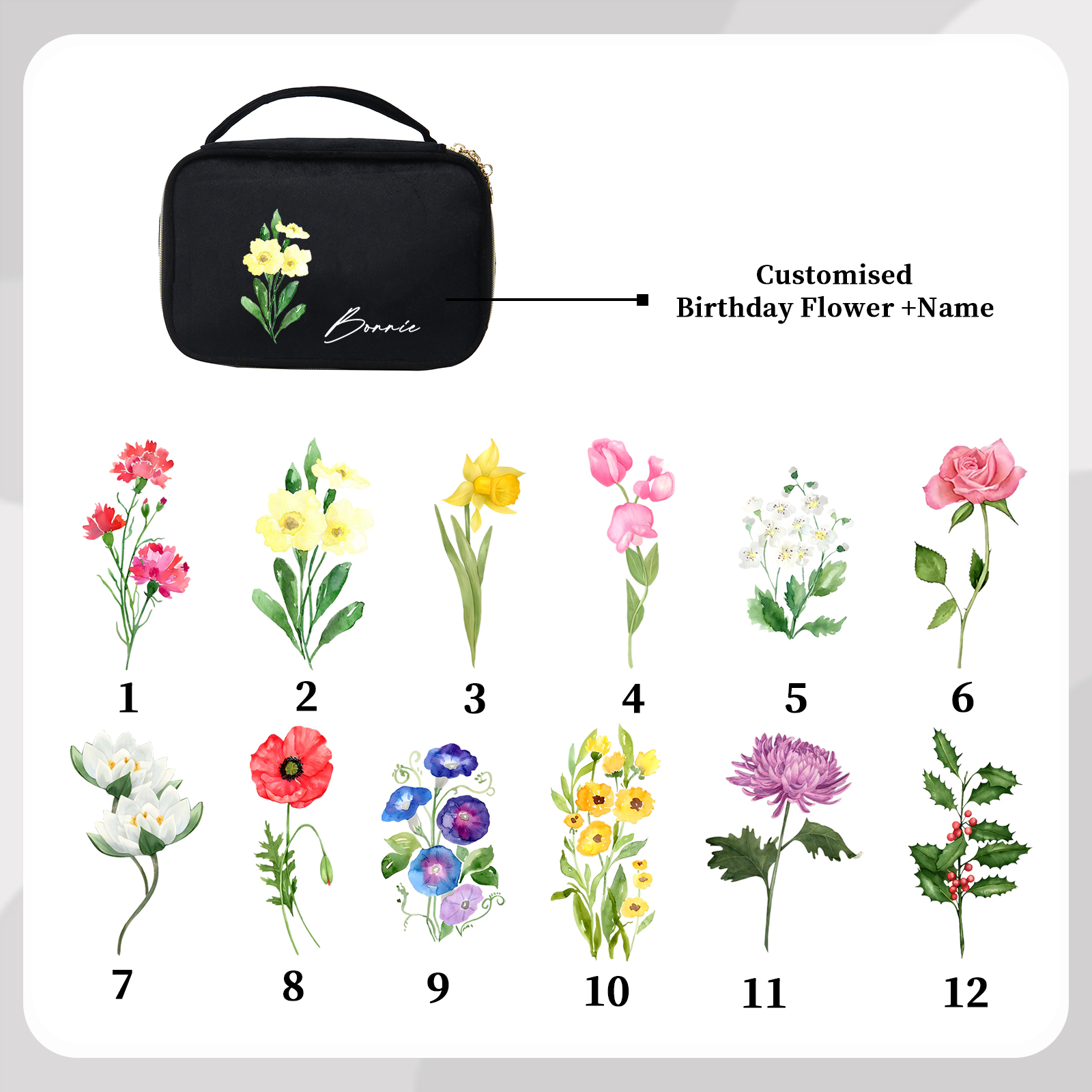 Borsa portabile per cosmetici in flanella per donna 1 nome e 1 fiore di nascita personalizzato multicolori da scegliere
