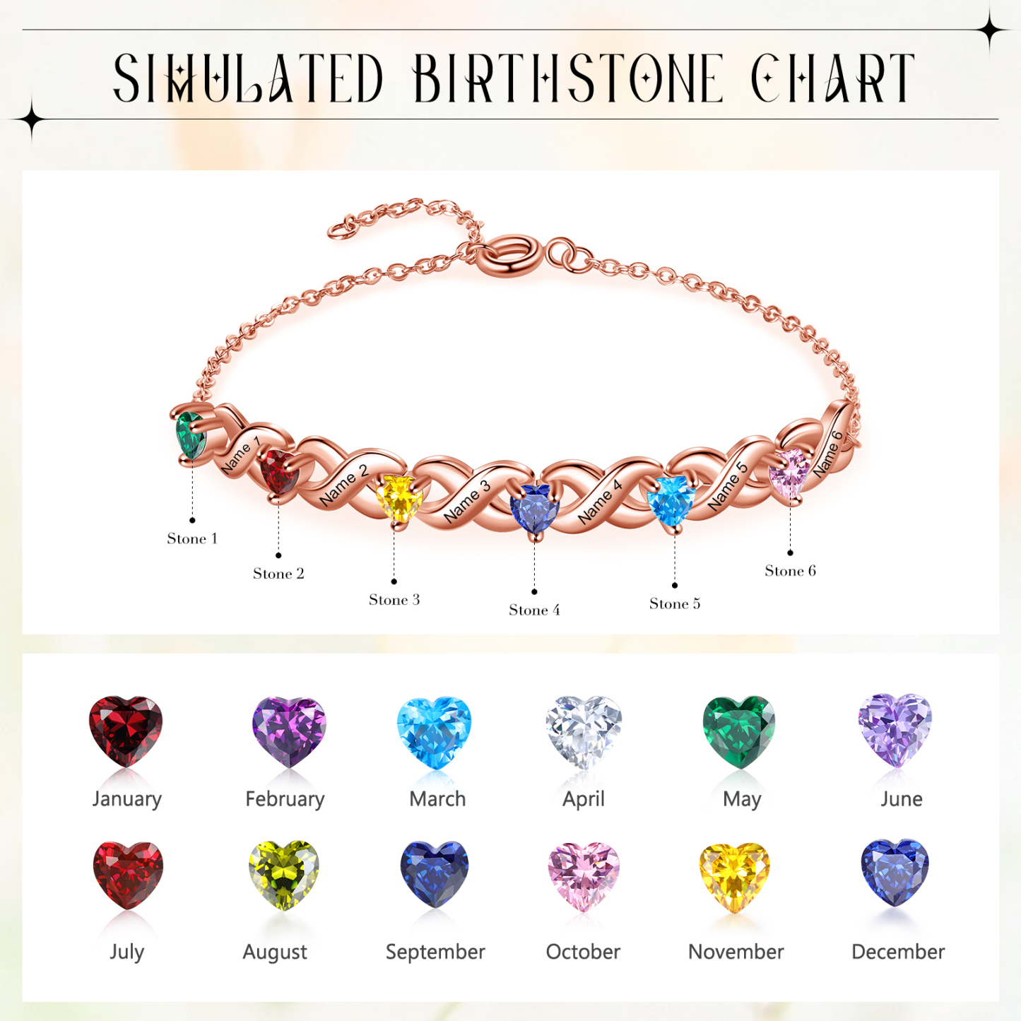 Festa della Mamma Braccialetto personalizzato con 6 nomi e 6 cuore pietre di nascita regalo per donna