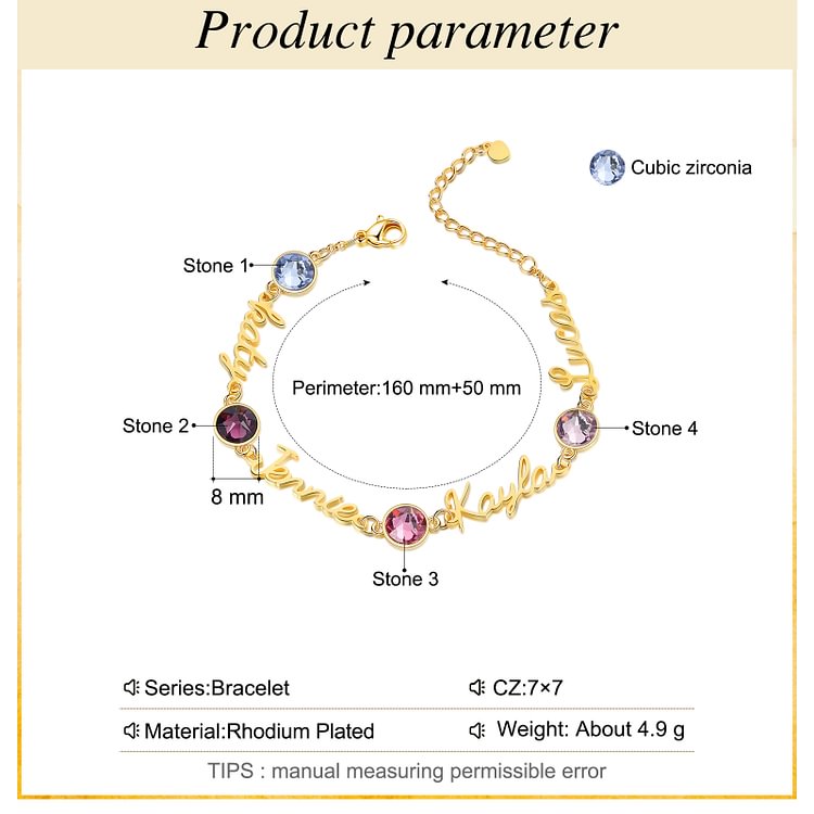 Braccialetto anello con 4 nomi e 4 pietre di nascita personalizzabili regalo per donna