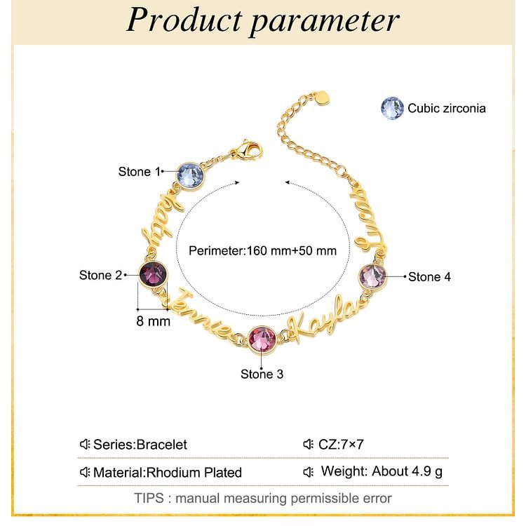 Braccialetto anello con 4 nomi e 4 pietre di nascita personalizzabili regalo per donna