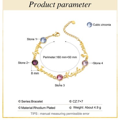 Braccialetto anello con 4 nomi e 4 pietre di nascita personalizzabili regalo per donna