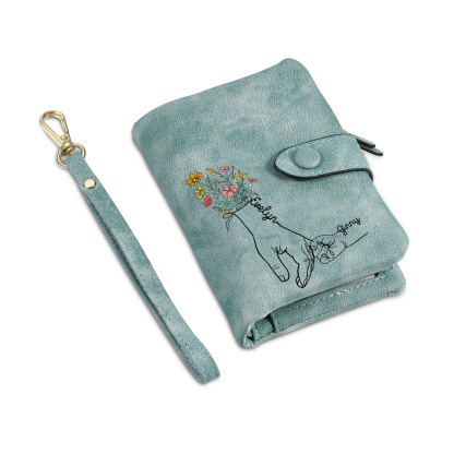 Portafoglio in PU pelle fiore mano con 2 nomi personalizzati per mamma/nonna