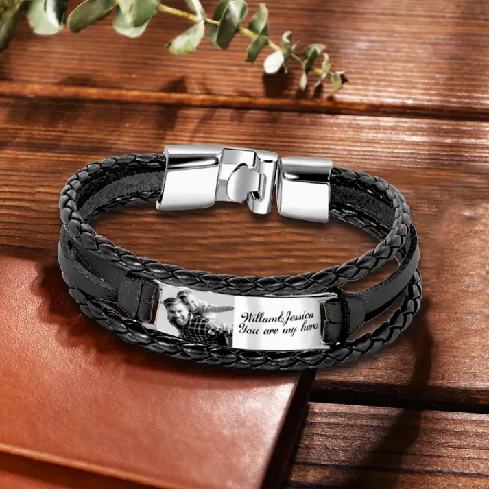 Braccialetto in pelle intrecciata personalizzato con 1 testo e 1 foto Braccialetto maschile