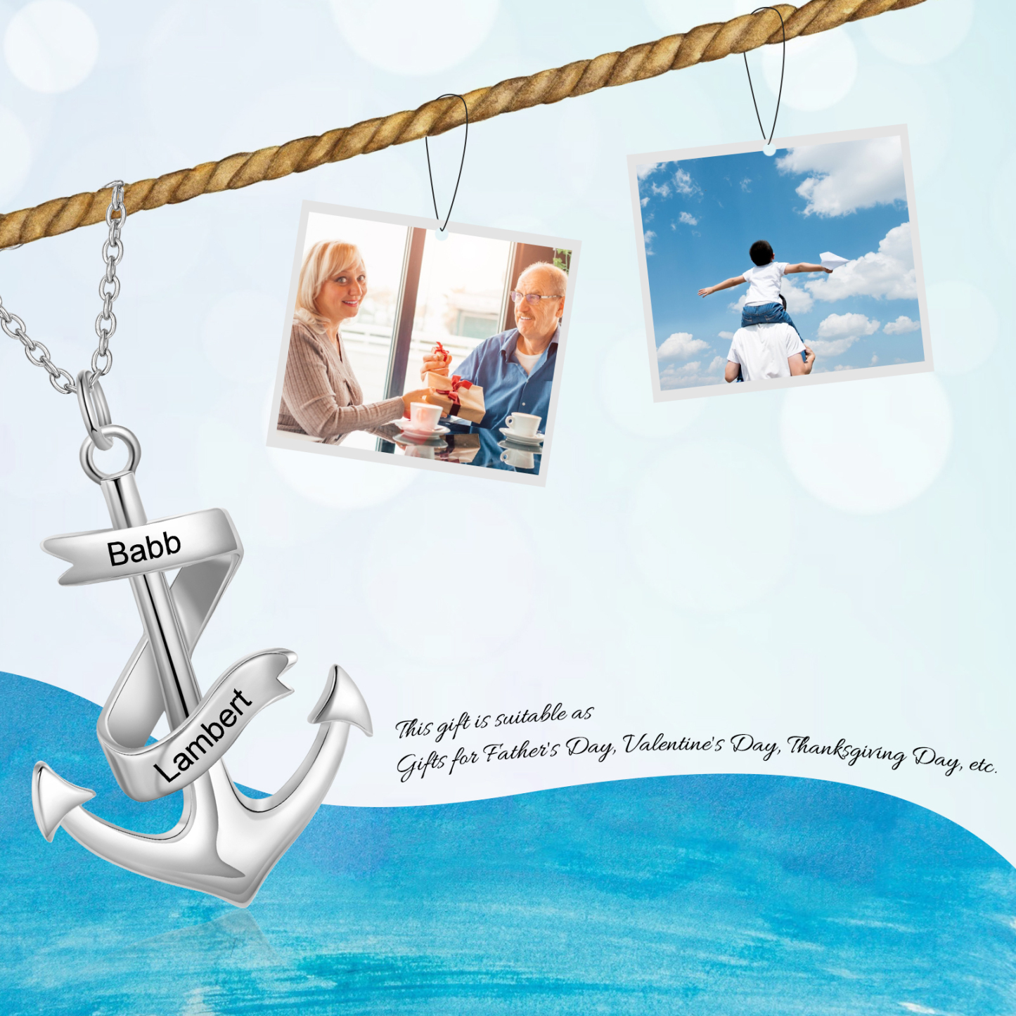 A MIO FIGLIO - Collana ancora nautica Ciondolo ancora pirata con 2 nomi personalizzati | Jessemade