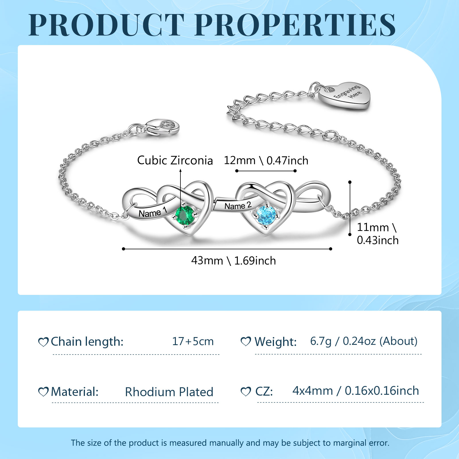 Personalised Women’s Birthstone Bracelet – Customised with 2 Names, 2 Birthstones & Engraved Text, Heart & Infinity Design – Valentine’s Day Gift for Her | Jessemade