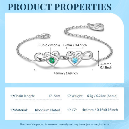 Personalised Women’s Birthstone Bracelet – Customised with 2 Names, 2 Birthstones & Engraved Text, Heart & Infinity Design – Valentine’s Day Gift for Her | Jessemade