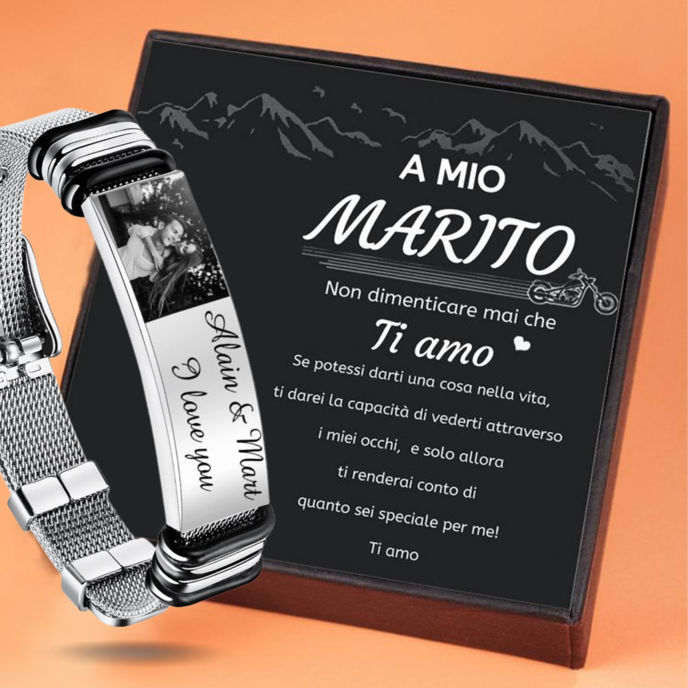 A MIO MARITO - Braccialetto maschile personalizzato con 2 testi e foto