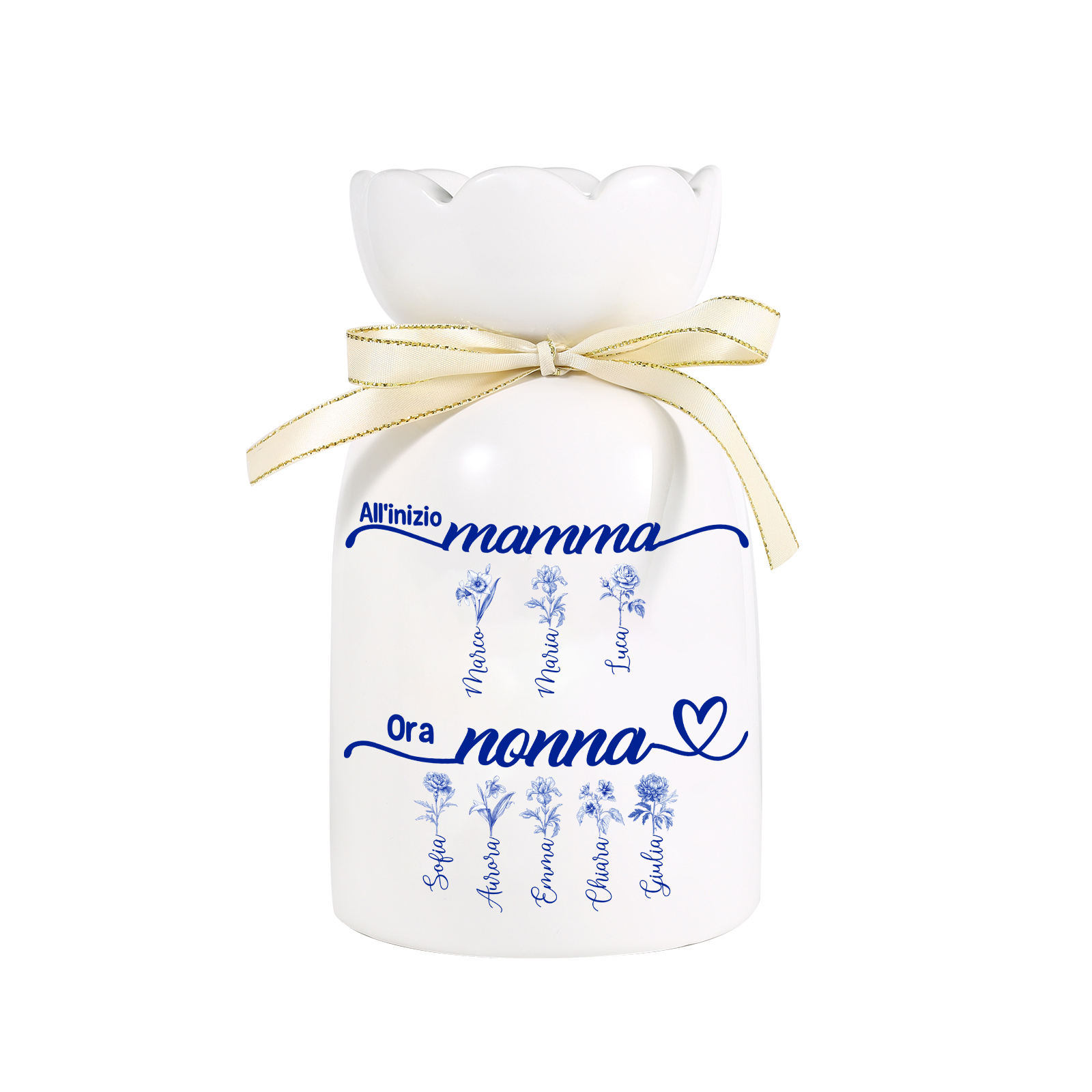 Vaso da fiori personalizzato Prima mamma, ora nonna – motivo floreale blu