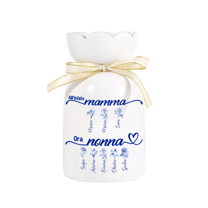 Vaso da fiori personalizzato Prima mamma, ora nonna – motivo floreale blu