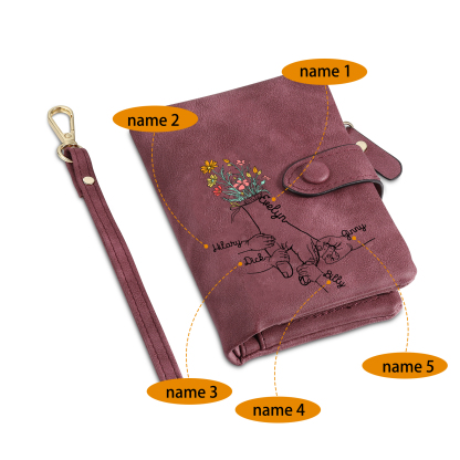 Portafoglio in PU pelle fiore mano con 5 nomi personalizzati per mamma/nonna