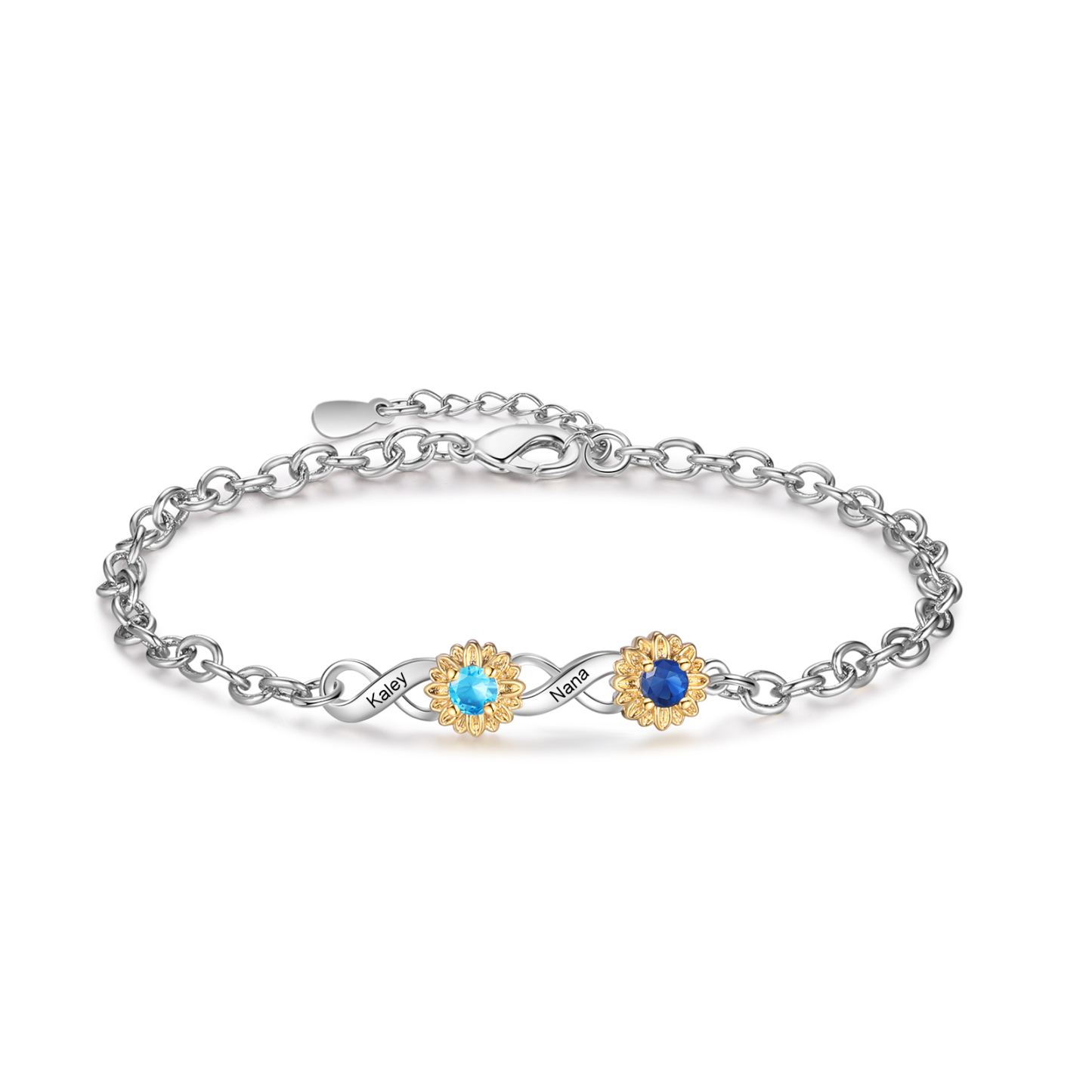 Braccialetto infinito con girasole personalizzato con 2 nomi e 2 pietre di nascita per donna