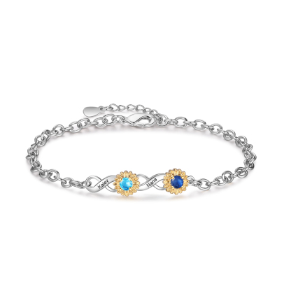 Braccialetto infinito con girasole personalizzato con 2 nomi e 2 pietre di nascita per donna