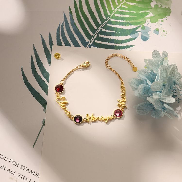 Braccialetto anello con 3 nomi e 3 pietre di nascita personalizzabili regalo per donna