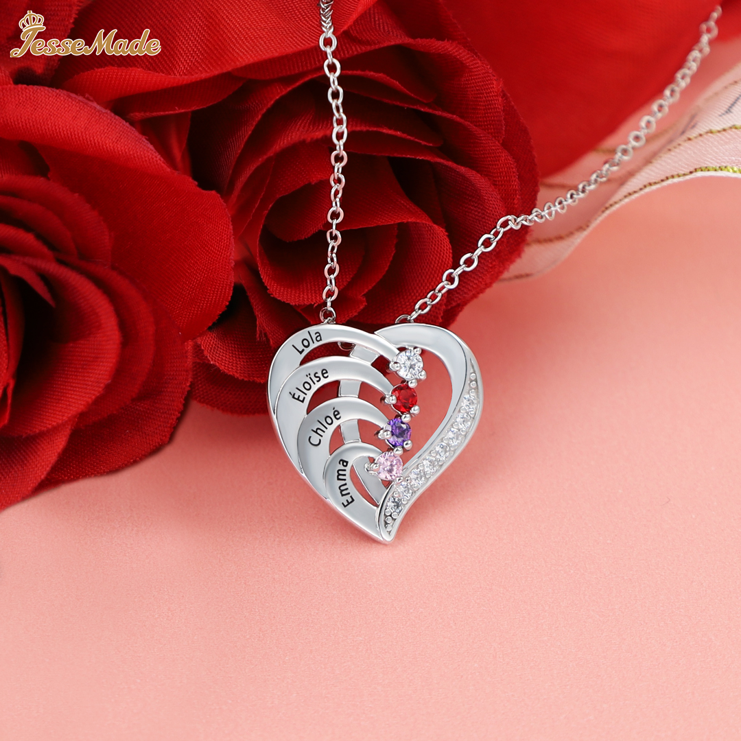 Argento S925 Collana con 6 nomi personalizzati e 6 pietre di nascita in ciondolo a cuore