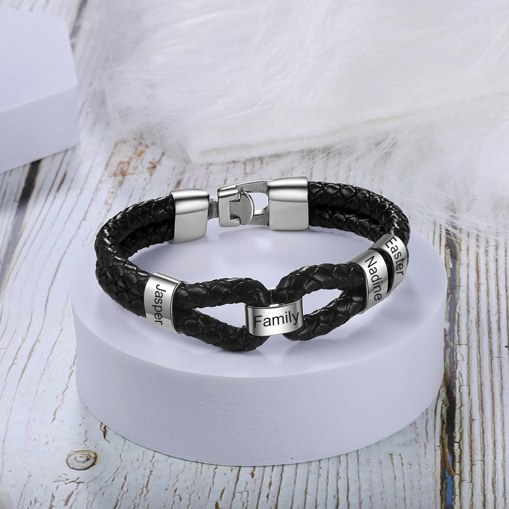 Braccialetto maschile in pelle intrecciata 4 nomi personalizzati