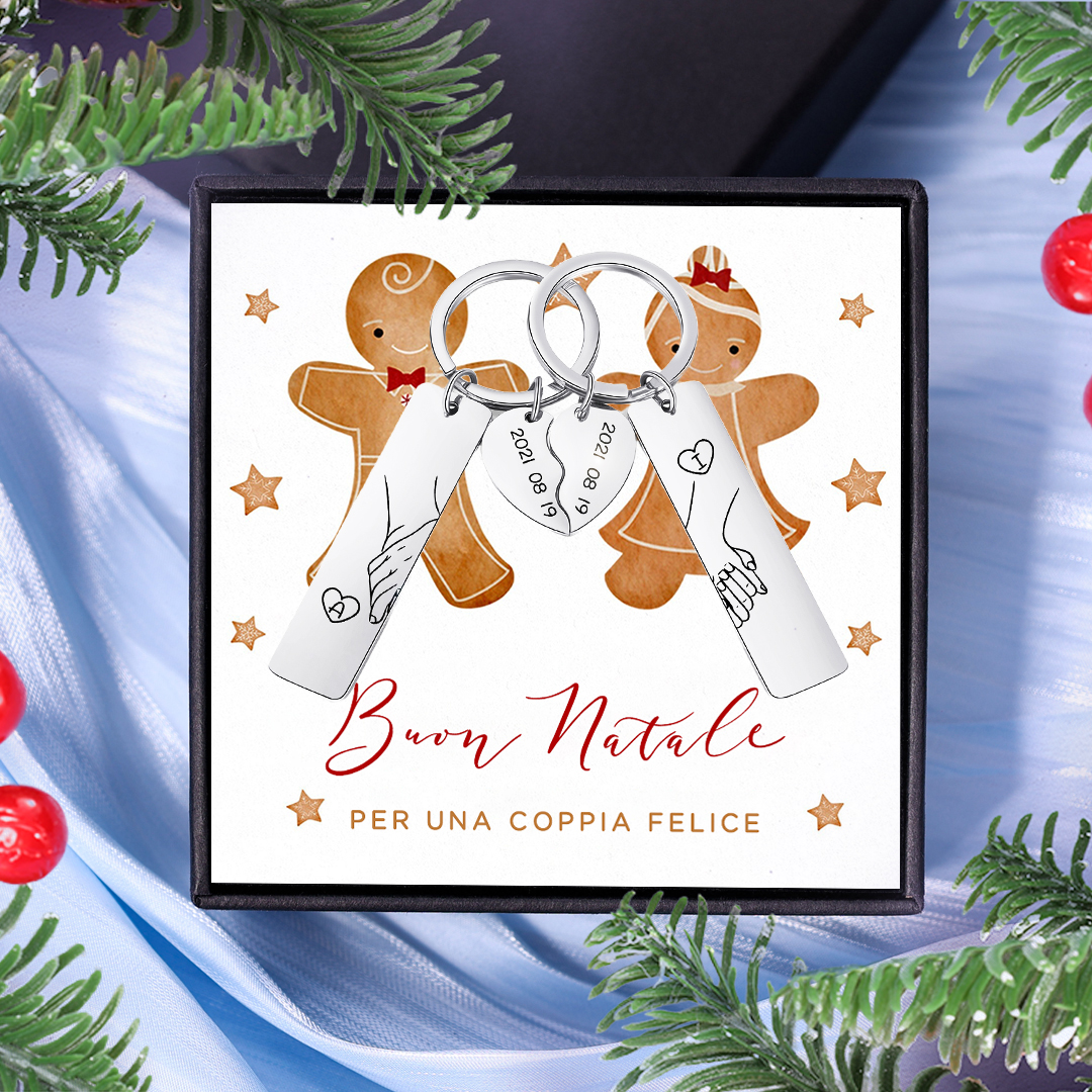 BUON NATALE PER UNA COPPIA FELICE-Portachiavi personalizzabile con 2 lettere e data cuore a coppia