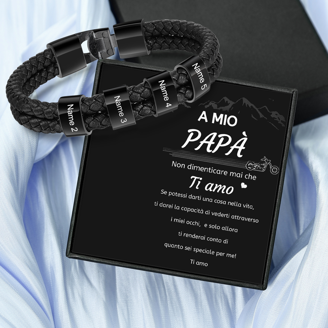A MIO PAPÀ-Braccialetto di pelle intrecciatta con 4 nomi personalizzati di perline regalo per la festa del papà | Jessemade