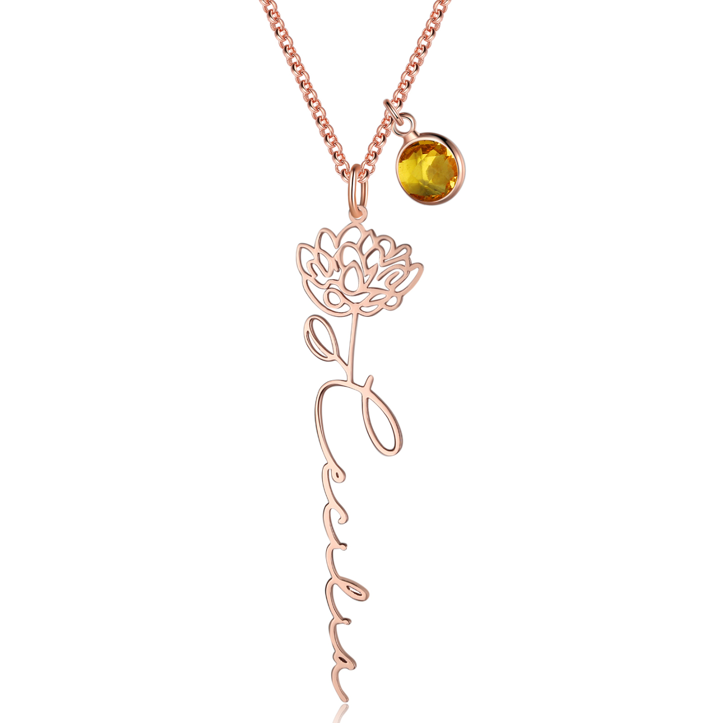 Collana 925 Argento Fiore elegante con 1 pietra di nascita e 1 nome e 1 fiore di nascita personalizzabili per donna
