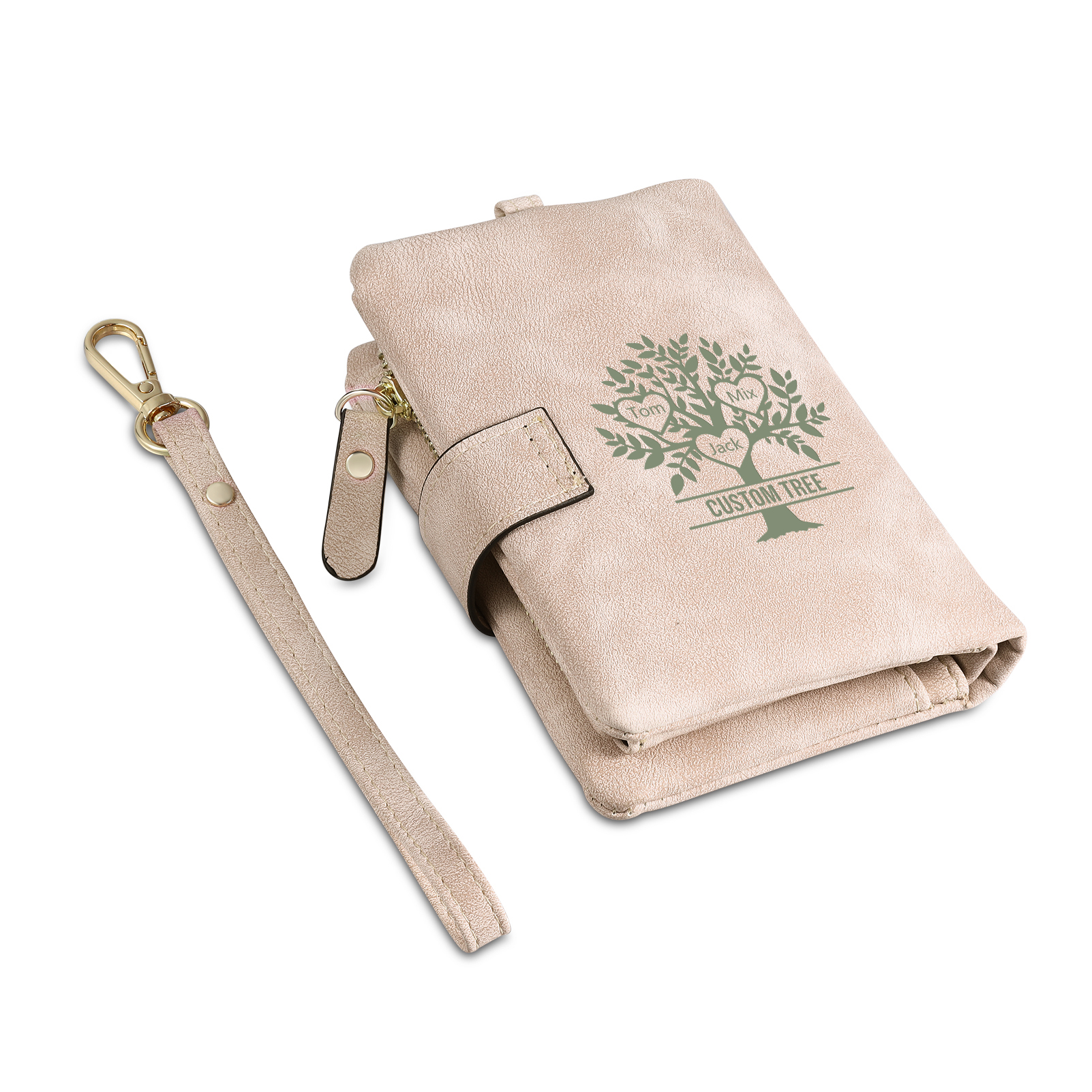 Portafoglio Albero della vita in PU pelle con 3 nomi & 1 testo & 1 lettera personalizzati per donna