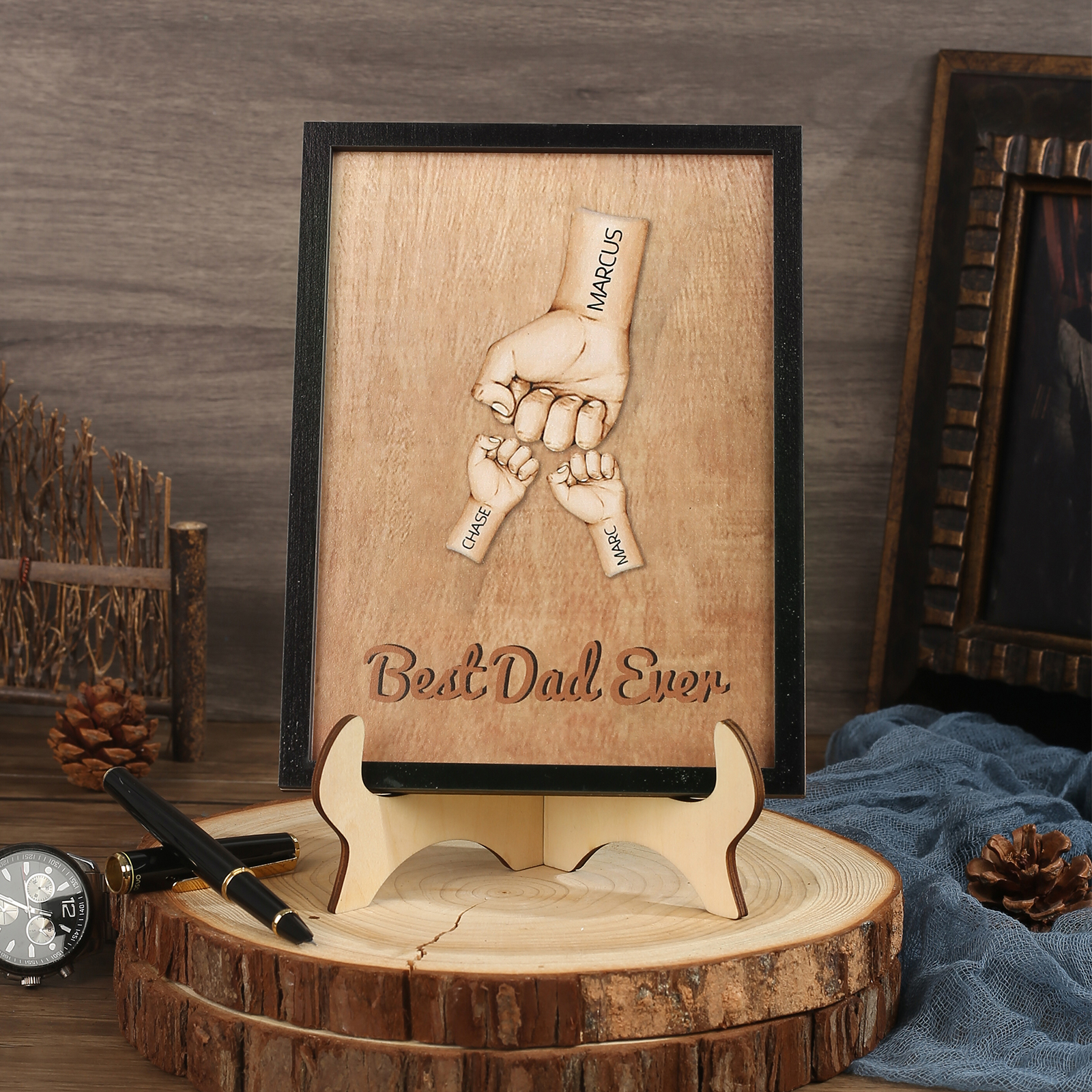 Targa di Legno pugno a pugno 3 nomi e 1 testo personalizzati regalo Per papà