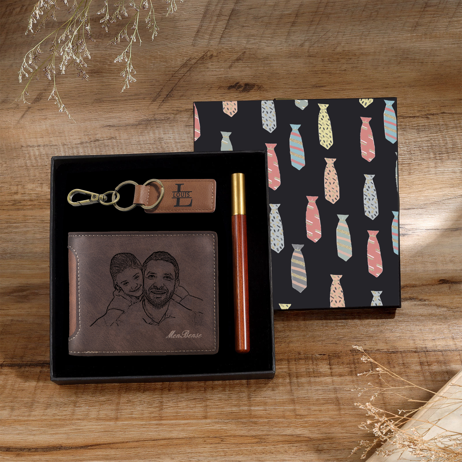 Personalized Leather Wallet Gift Box Set with Letter Name Keychain Customizable Photo and Text Wallet Gift for Him