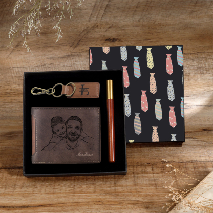 Personalized Leather Wallet Gift Box Set with Letter Name Keychain Customizable Photo and Text Wallet Gift for Him